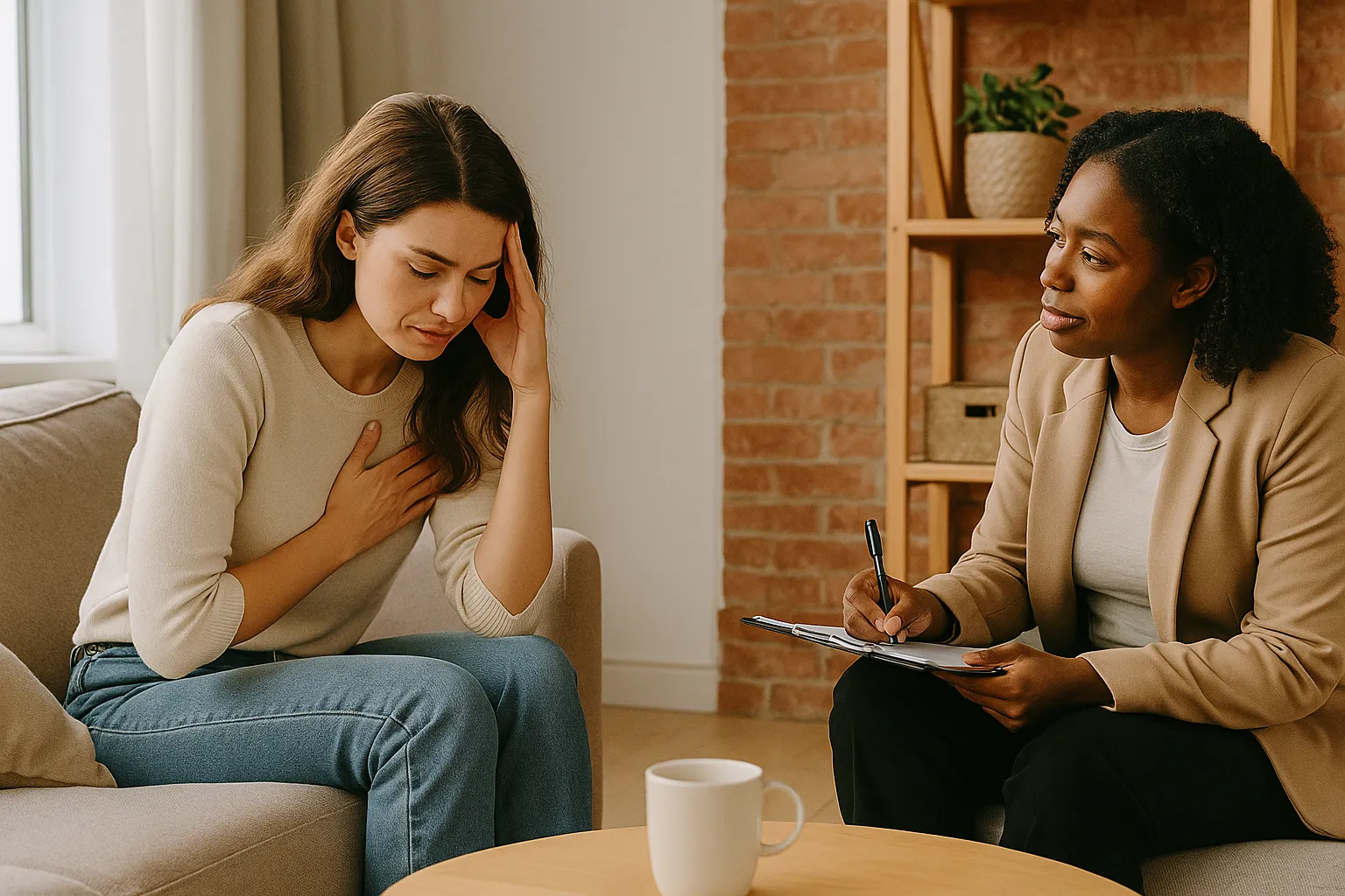 A person speaking with a counsellor in a warm living room